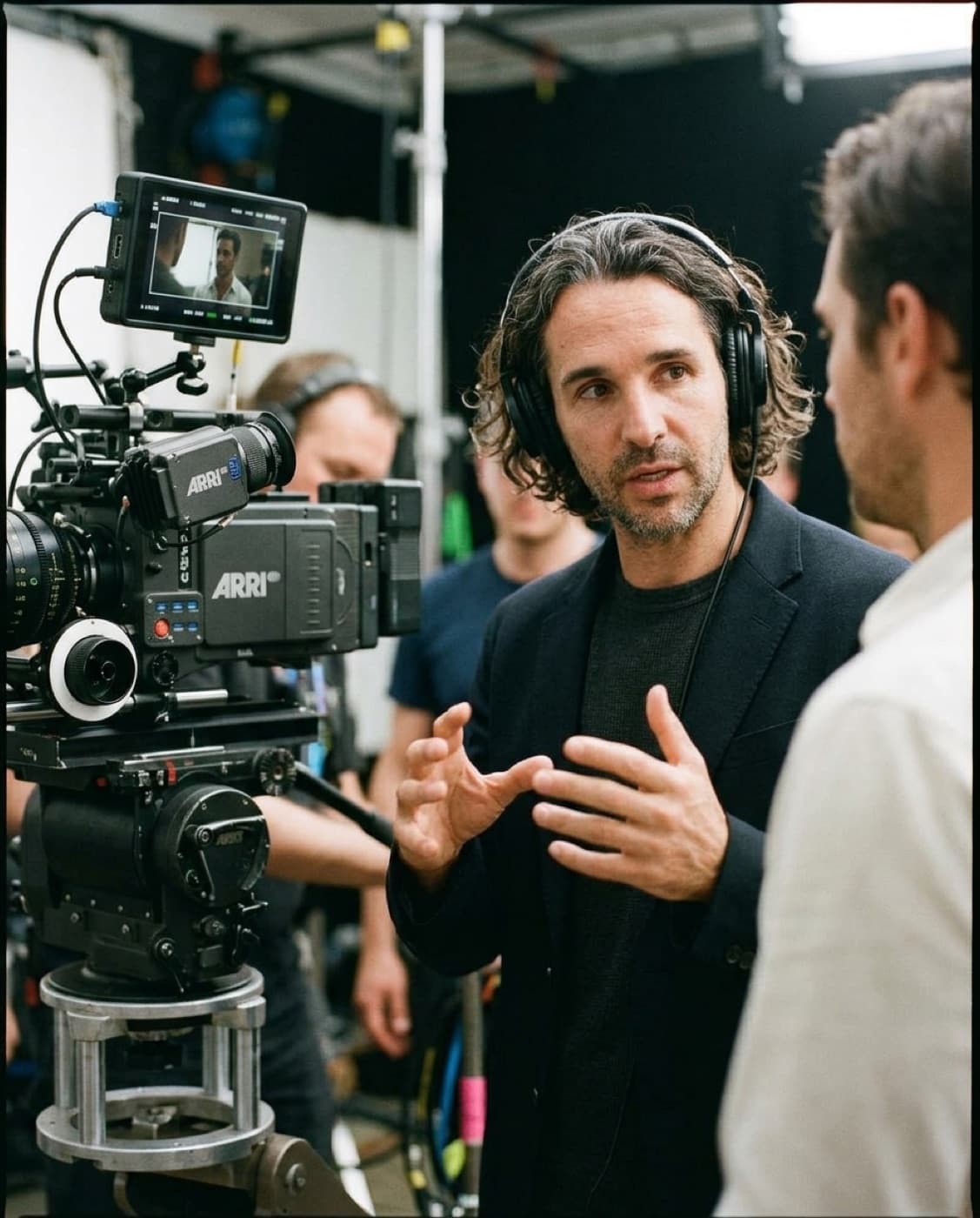 CJ Emerson directing and coaching on a film set, headphones on, beside a cinema camera