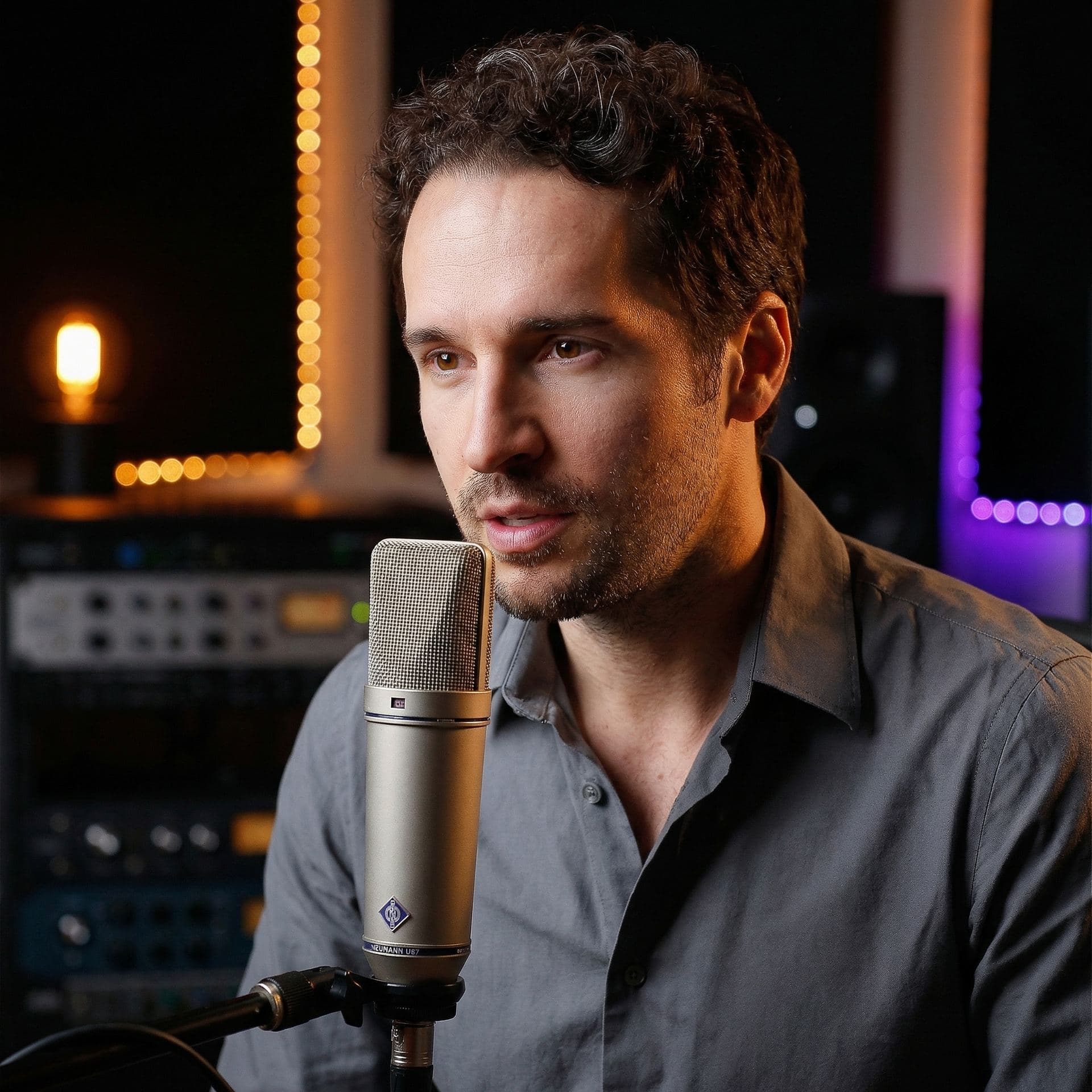 CJ Emerson at a broadcast microphone in a dark cinematic voiceover studio