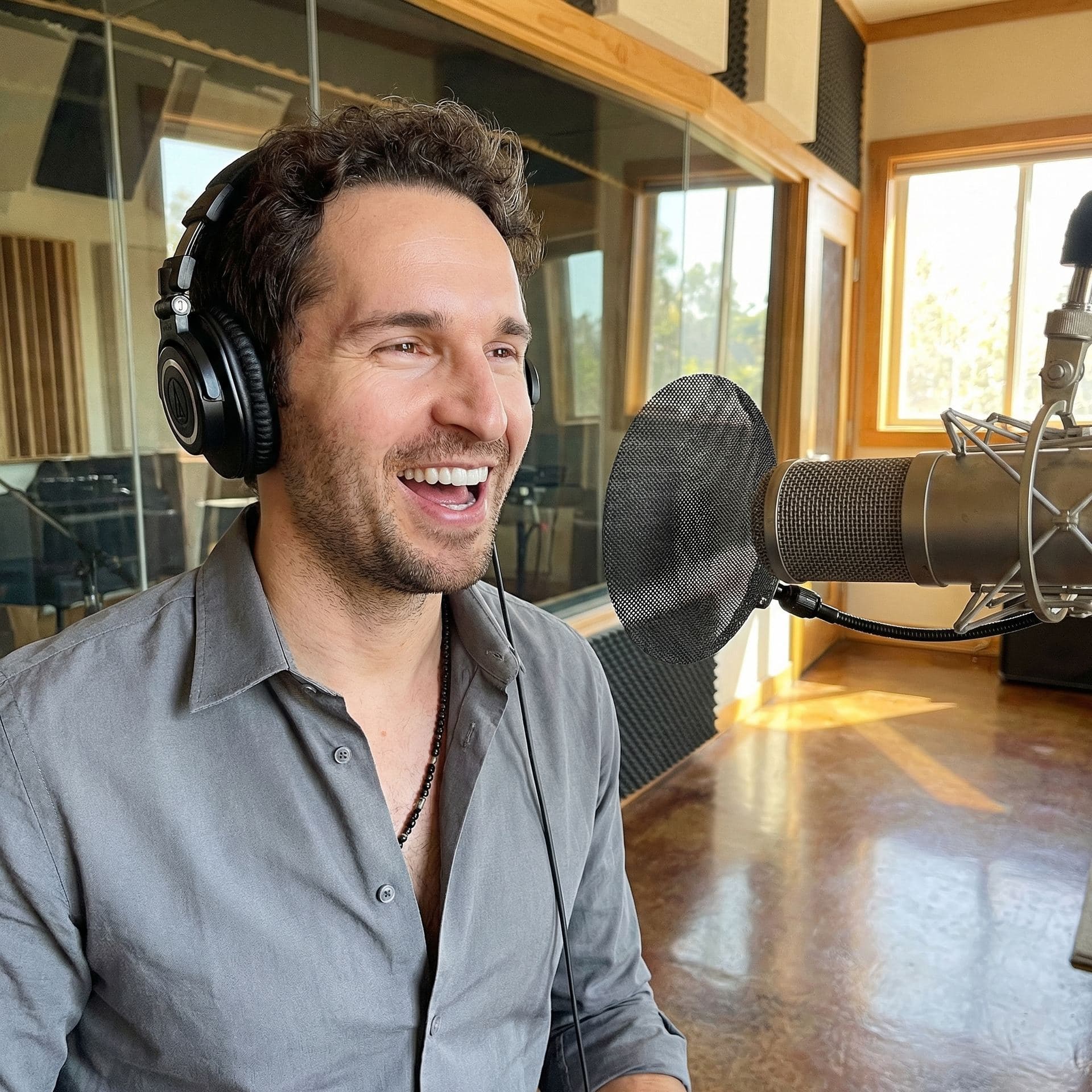 CJ Emerson performing at the microphone in a cinematic studio setting